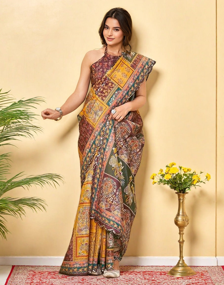 Vibrant Digital Print Chanderi Silk Saree with Mirror Work Lace Border
