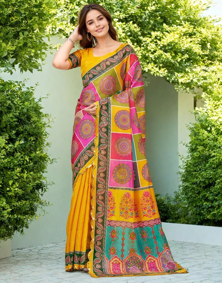 Vibrant Digital Print Chanderi Silk Saree with Mirror Work Lace Border