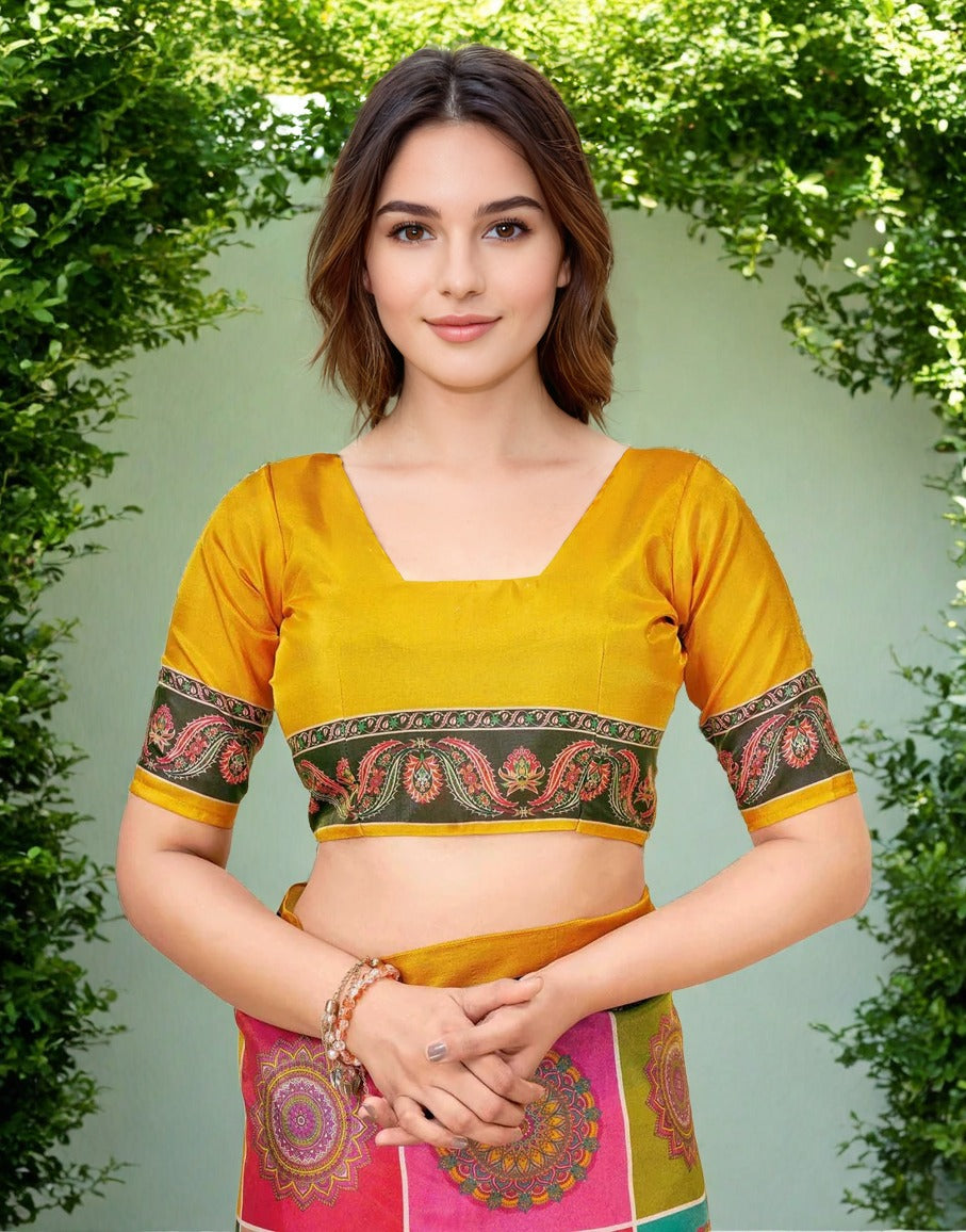 Vibrant Digital Print Chanderi Silk Saree with Mirror Work Lace Border