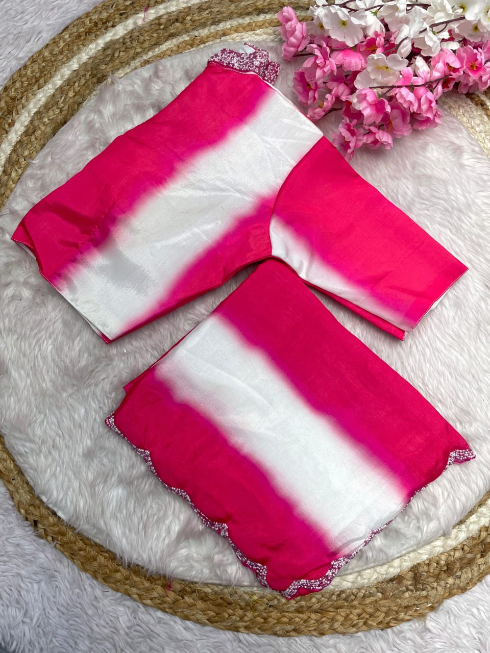 Digital Print Chinon Saree with Khatli Handwork Blouse & Designer Cut Border