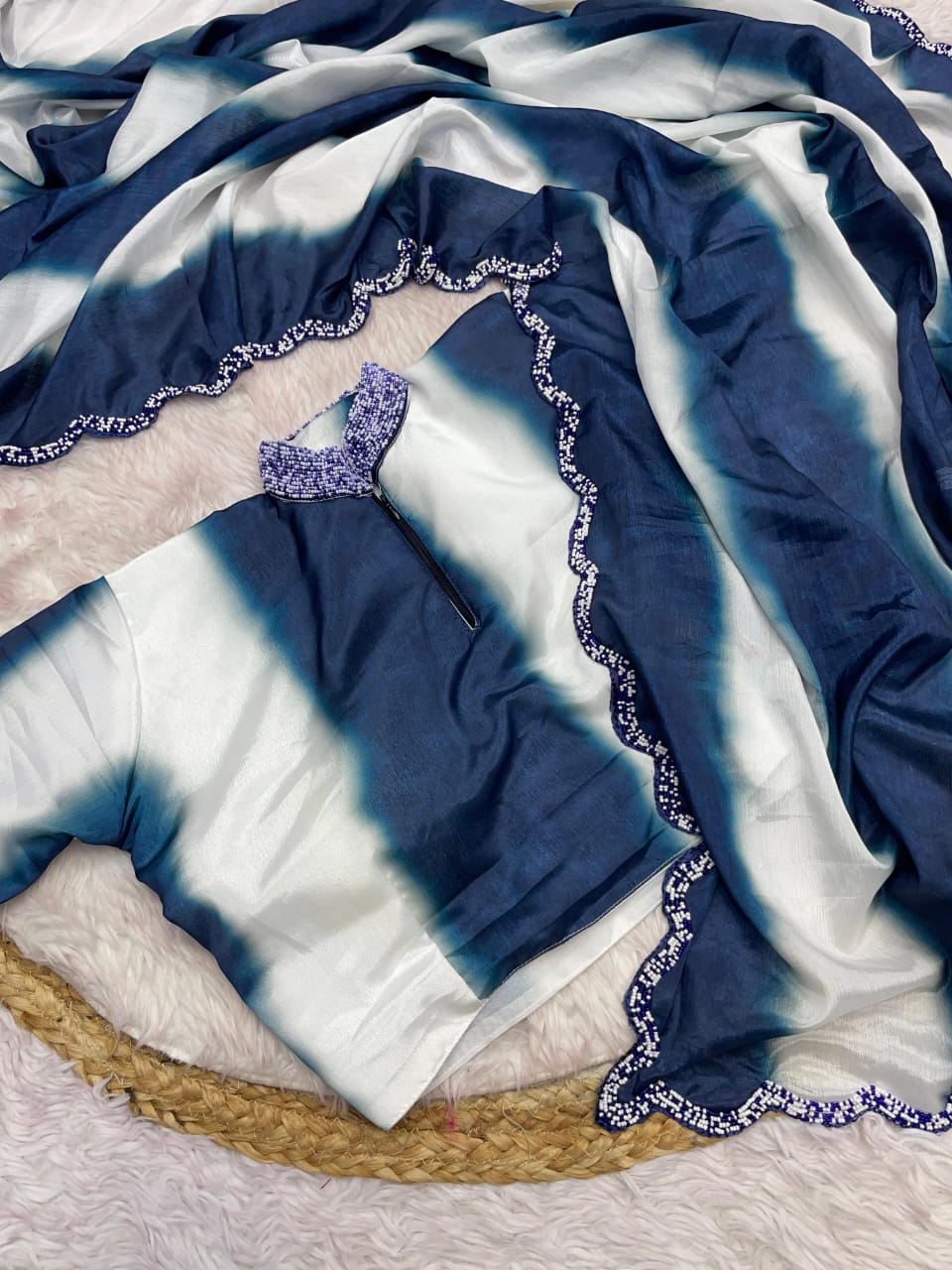 Digital Print Chinon Saree with Khatli Handwork Blouse & Designer Cut Border