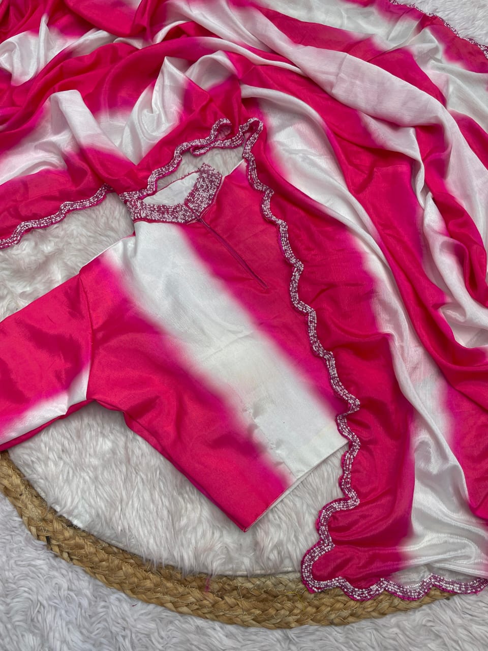 Digital Print Chinon Saree with Khatli Handwork Blouse & Designer Cut Border