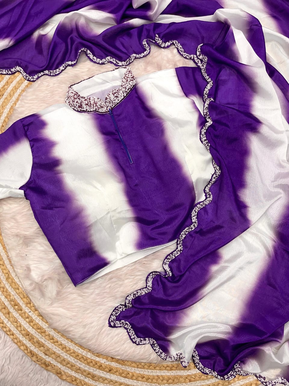 Digital Print Chinon Saree with Khatli Handwork Blouse & Designer Cut Border