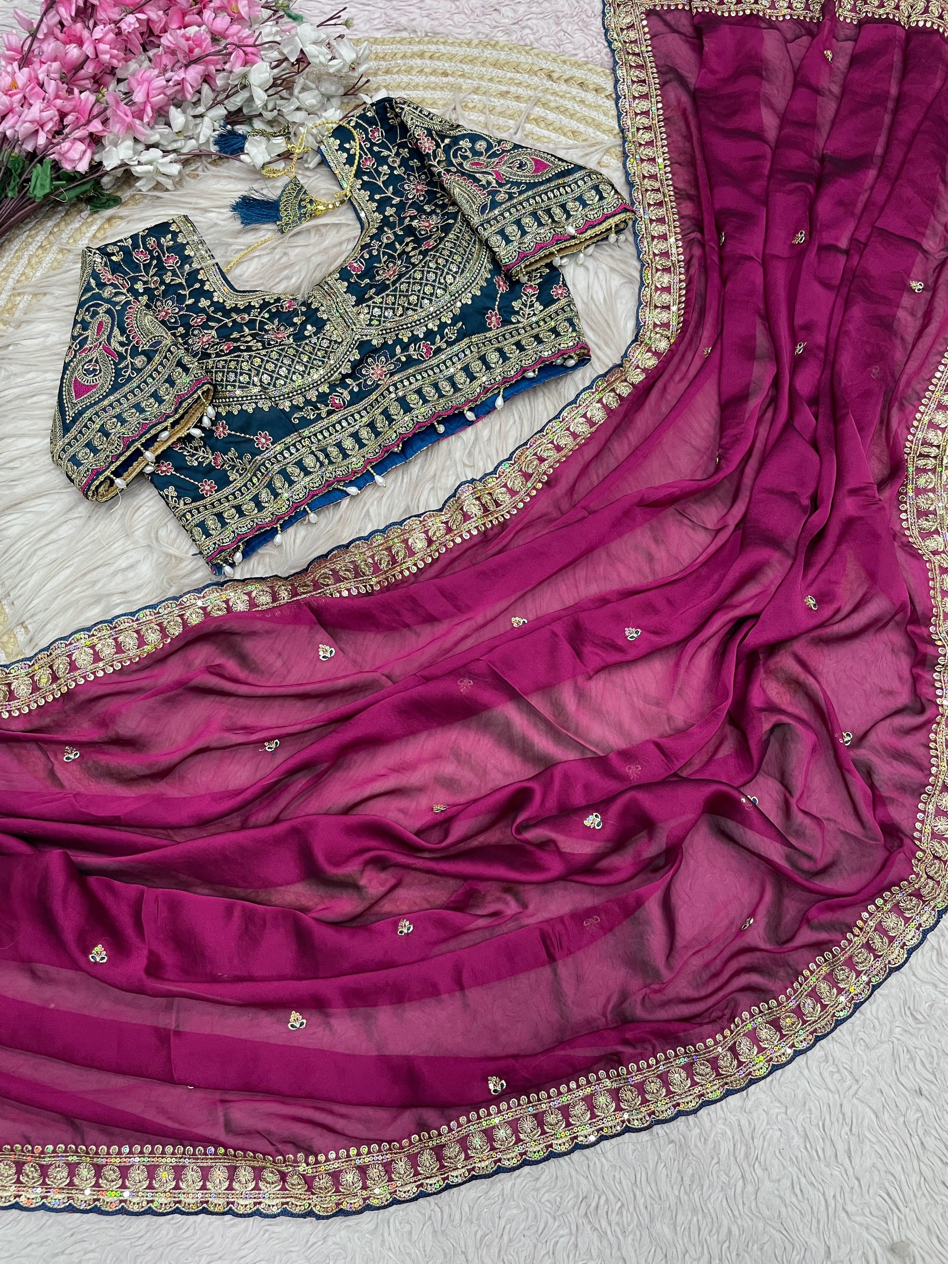 Rangoli Silk Saree with Sequins Embroidery Work & Stitched Blouse
