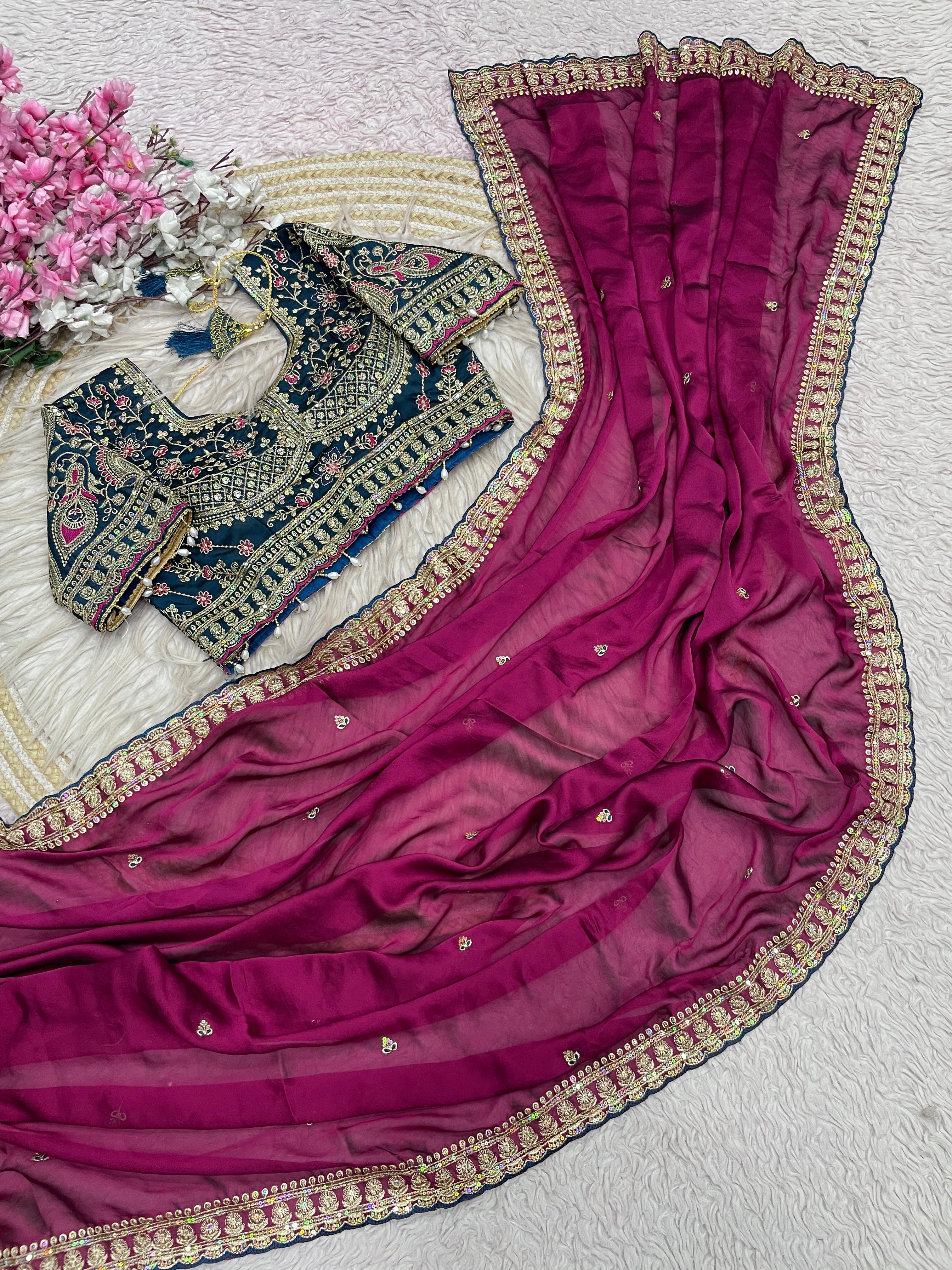 Rangoli Silk Saree with Sequins Embroidery Work & Stitched Blouse