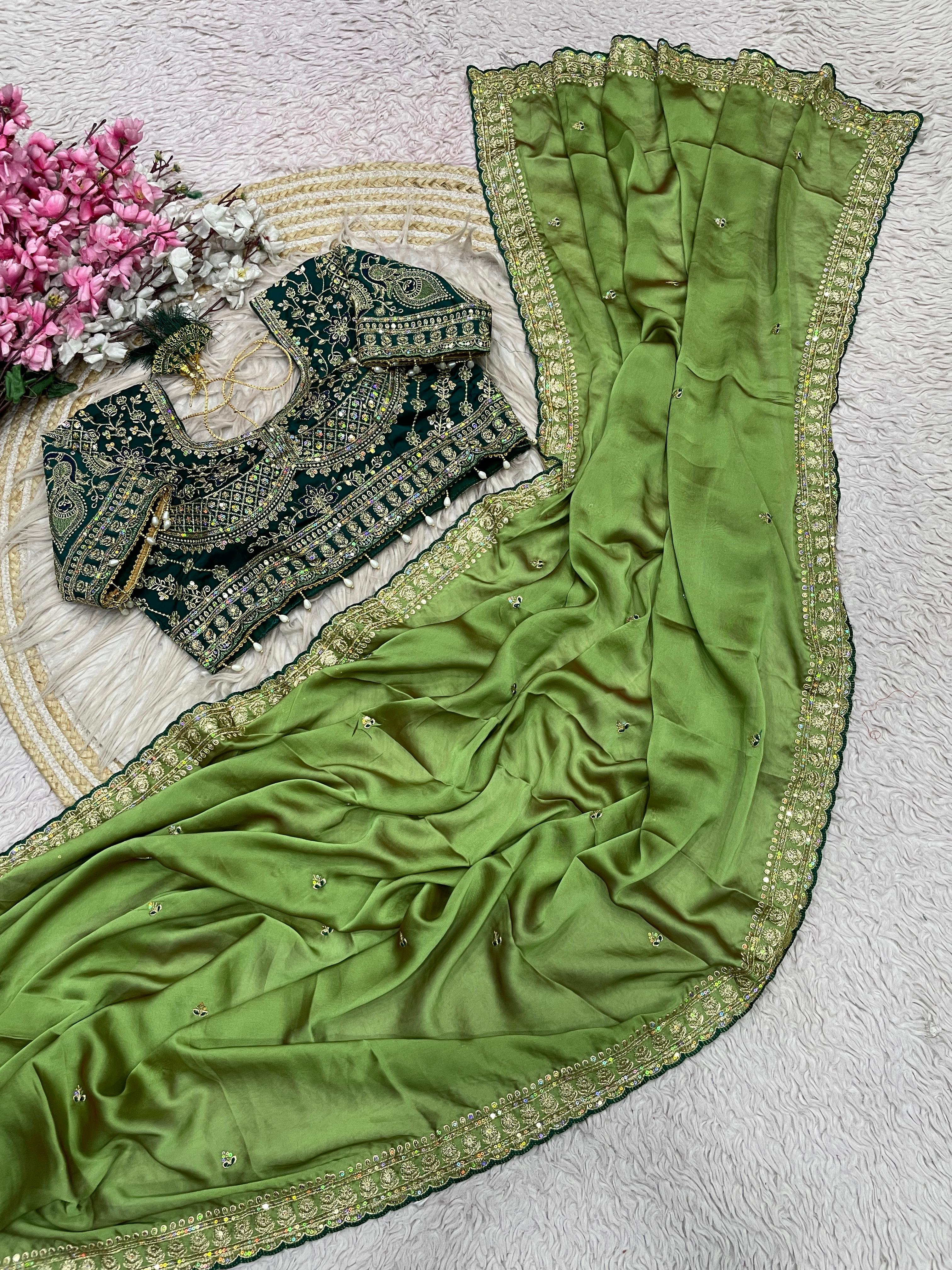 Rangoli Silk Saree with Sequins Embroidery Work & Stitched Blouse