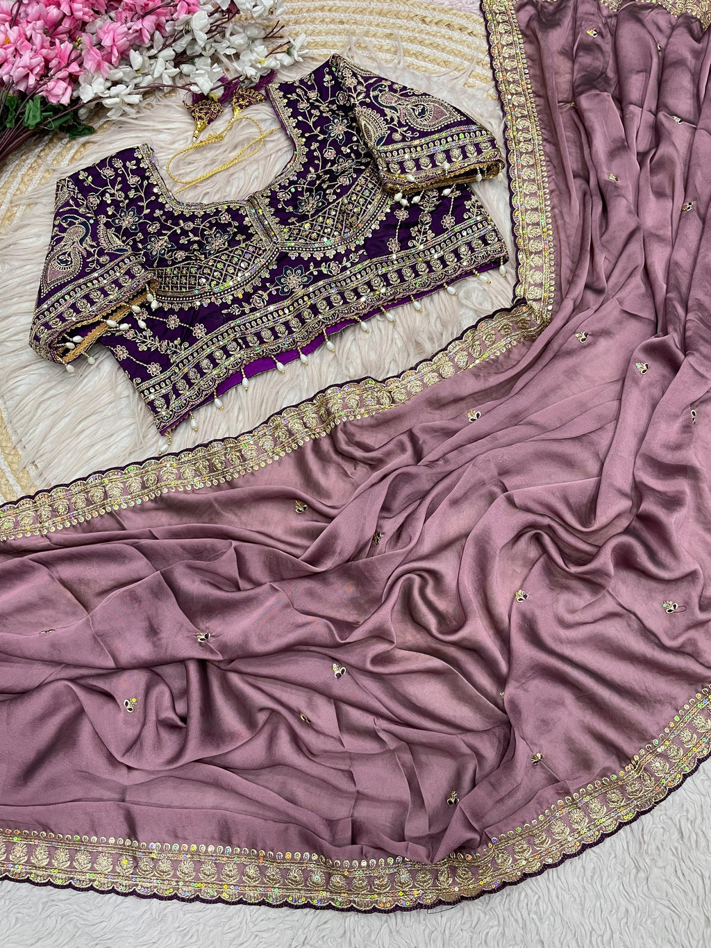 Rangoli Silk Saree with Sequins Embroidery Work & Stitched Blouse
