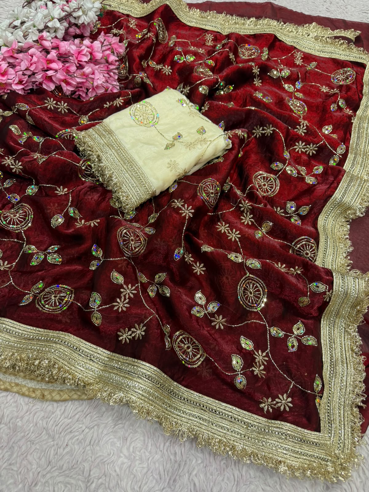 Fandy Satin With Bits Sequence Work Saree