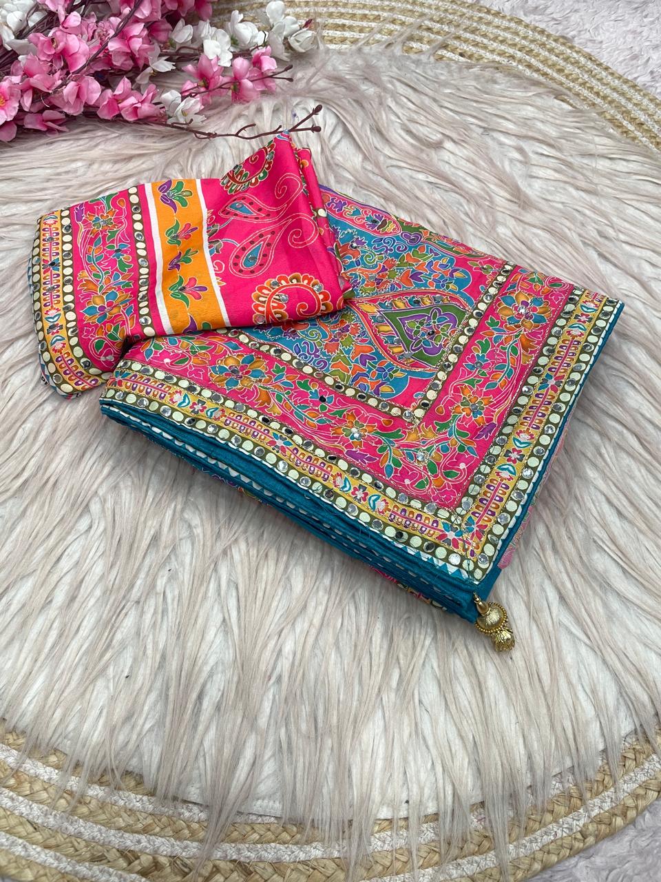 Chinnon Digital Print WIth Aari Work & Original Mirror Work Saree