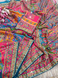 Silk Crepe Digital Print WIth Aari Work & Original Mirror Work Saree - Pionex Fab