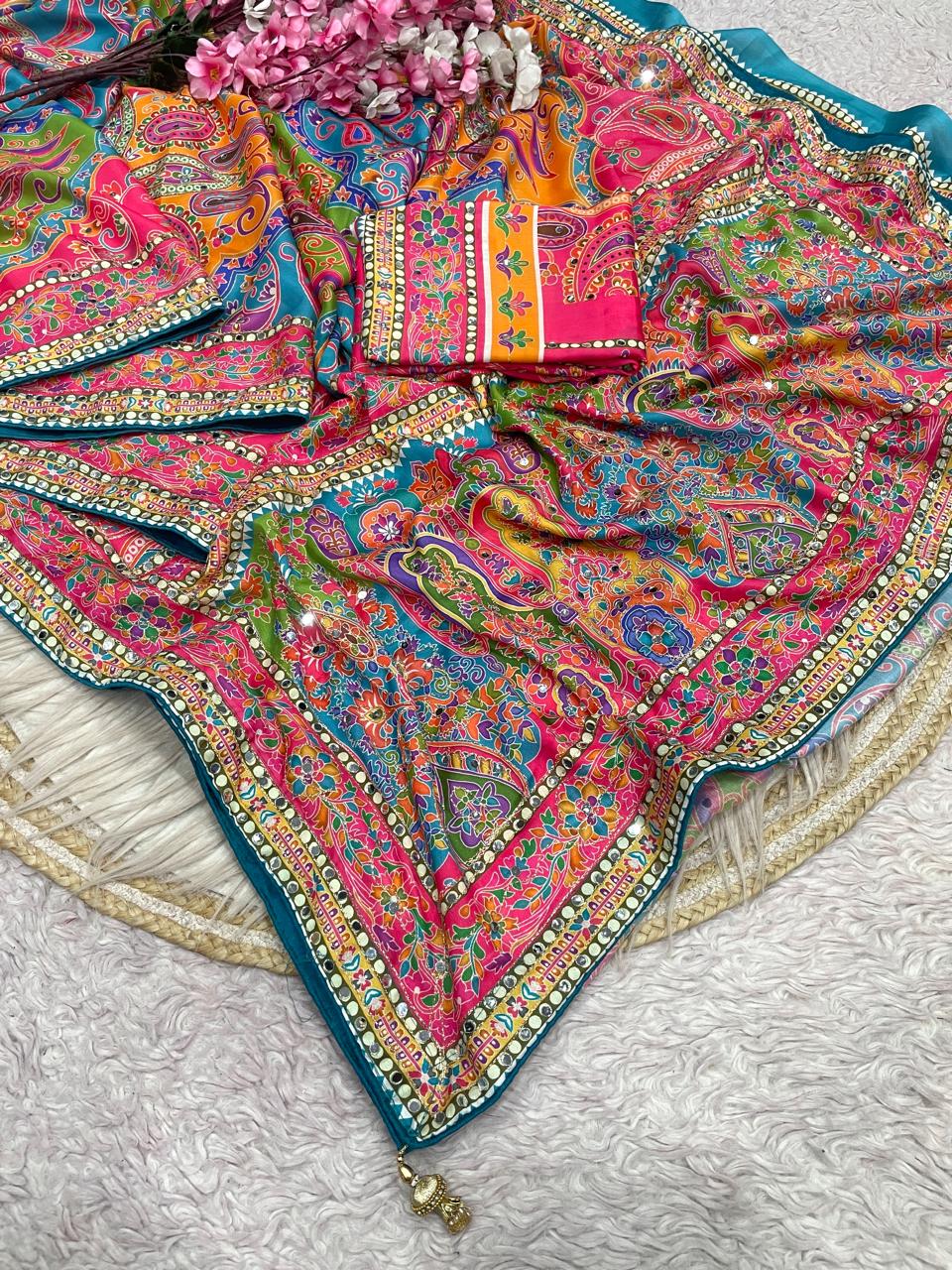Chinnon Digital Print WIth Aari Work & Original Mirror Work Saree