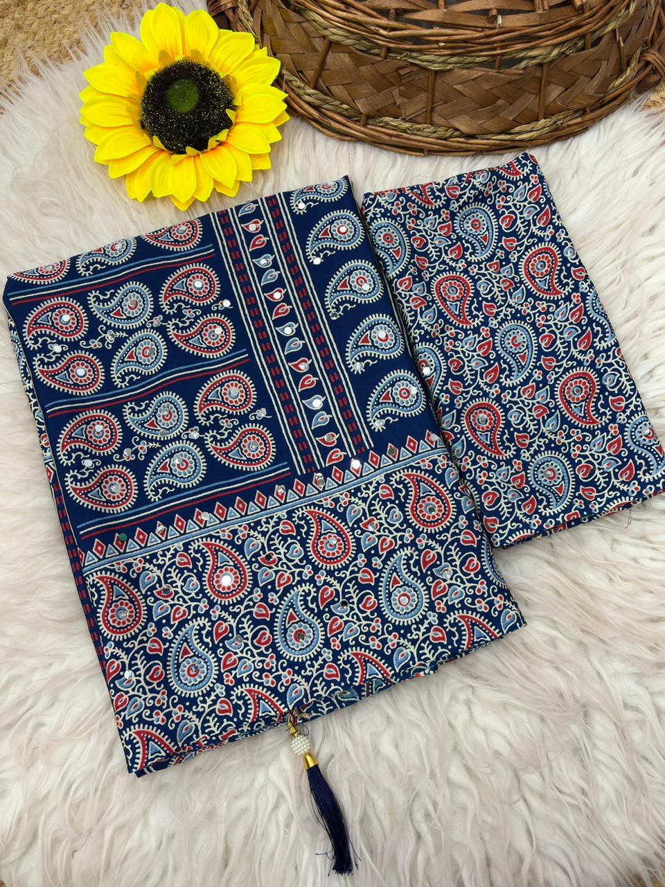 Soft Satin Ajrakh Printed Saree with Mirror Work