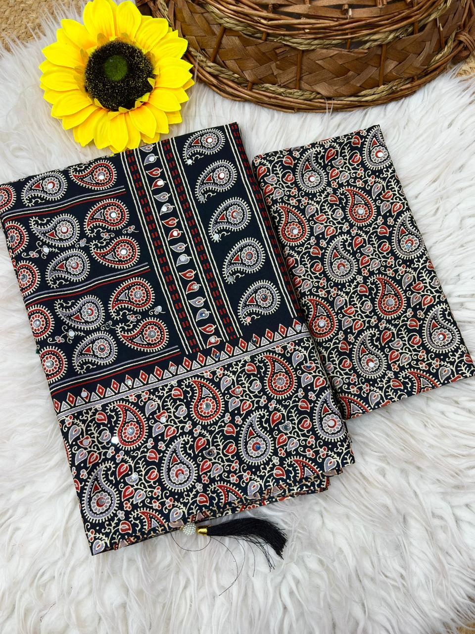 Soft Satin Ajrakh Printed Saree with Mirror Work