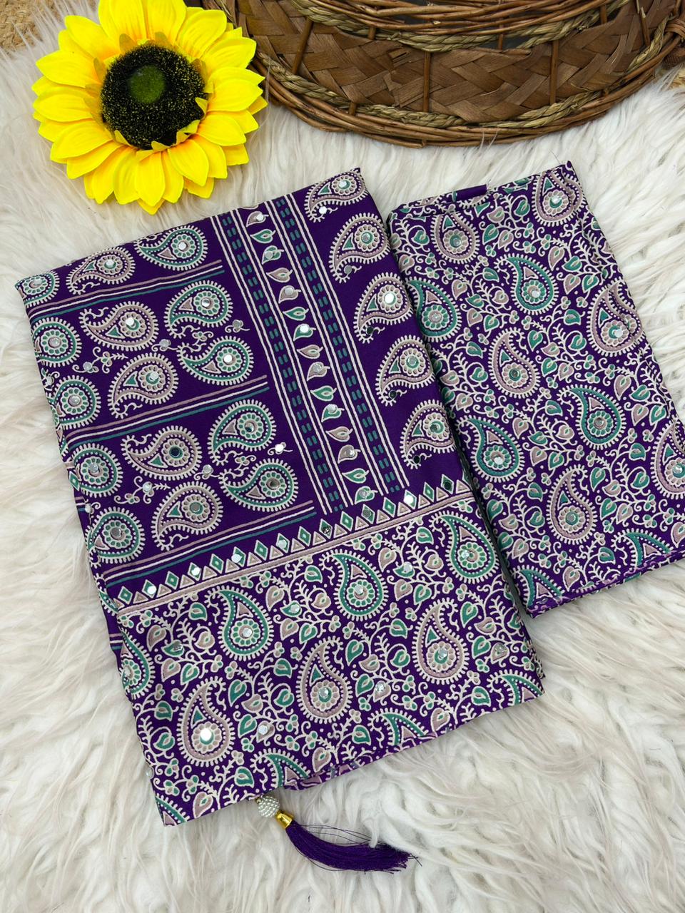 Soft Satin Ajrakh Printed Saree with Mirror Work