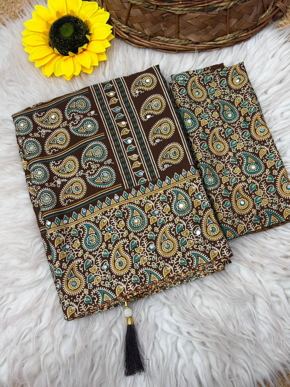 Soft Satin Ajrakh Printed Saree with Mirror Work