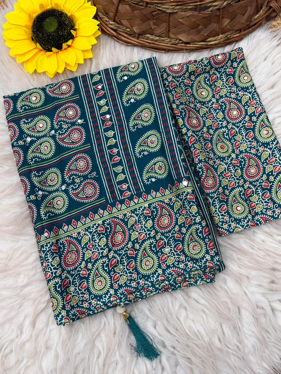 Soft Satin Ajrakh Printed Saree with Mirror Work