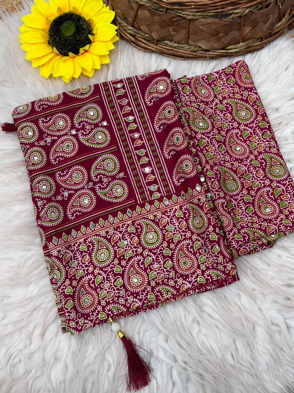 Soft Satin Ajrakh Printed Saree with Mirror Work