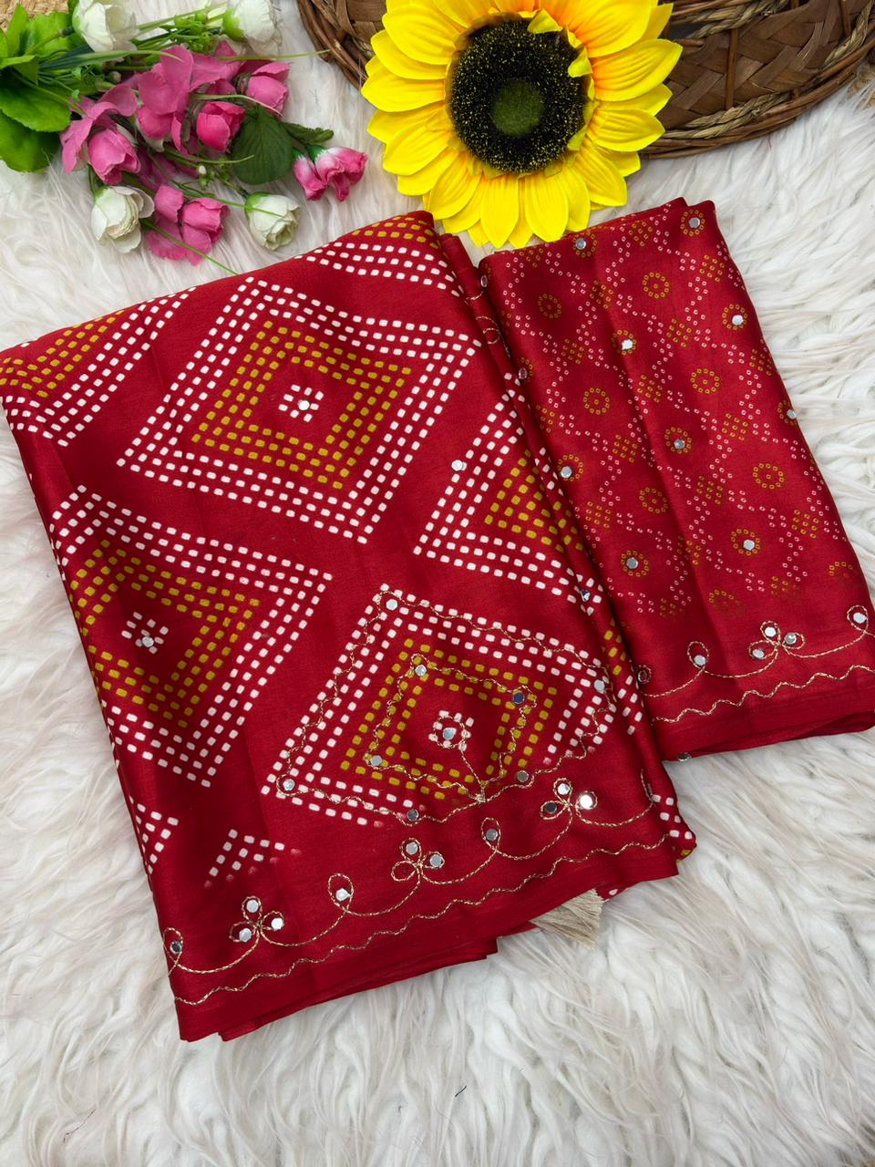 Bandhani Print Satin Silk Saree with Handcrafted Mirror Work