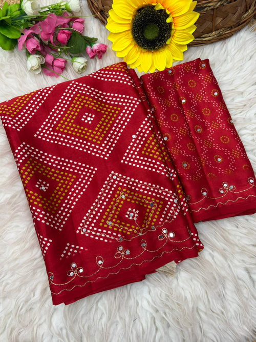 Bandhani Print Satin Silk Saree with Handcrafted Mirror Work