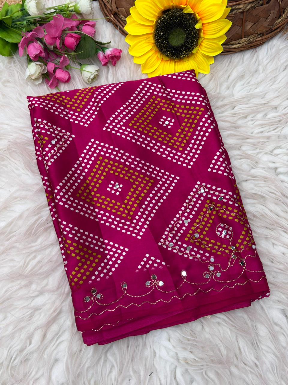 Bandhani Print Satin Silk Saree with Handcrafted Mirror Work