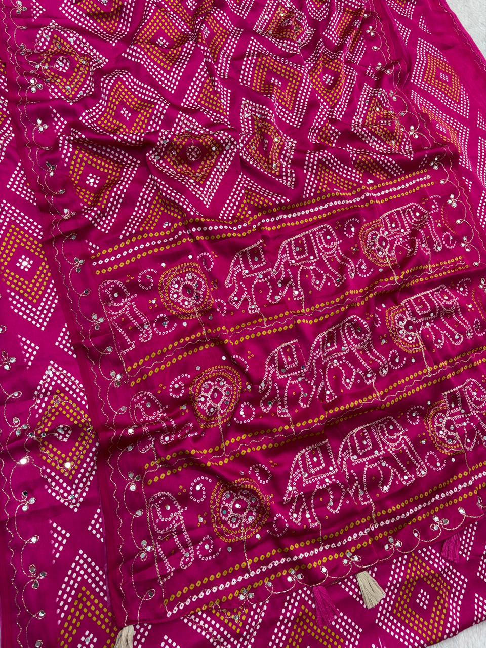 Bandhani Print Satin Silk Saree with Handcrafted Mirror Work