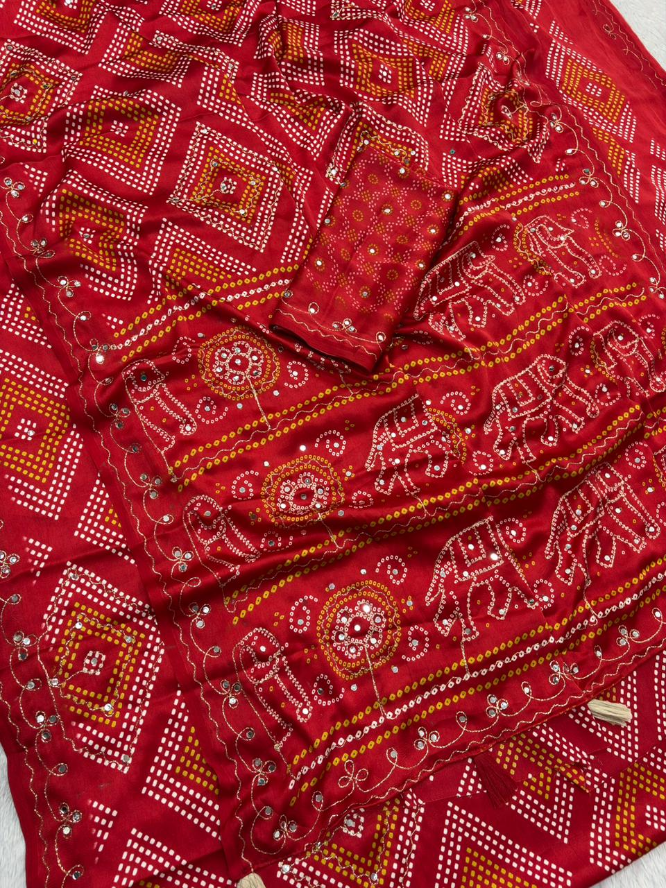 Bandhani Print Satin Silk Saree with Handcrafted Mirror Work