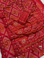 Bandhani Print Satin Silk Saree with Handcrafted Mirror Work