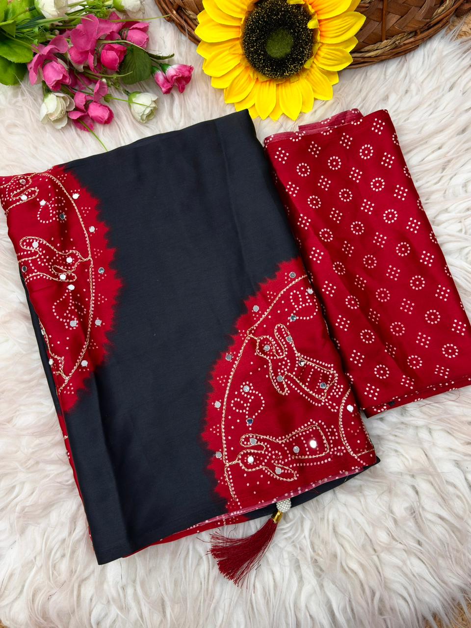 Bandhani Inspired Satin Silk Saree with Ari & Mirror Work