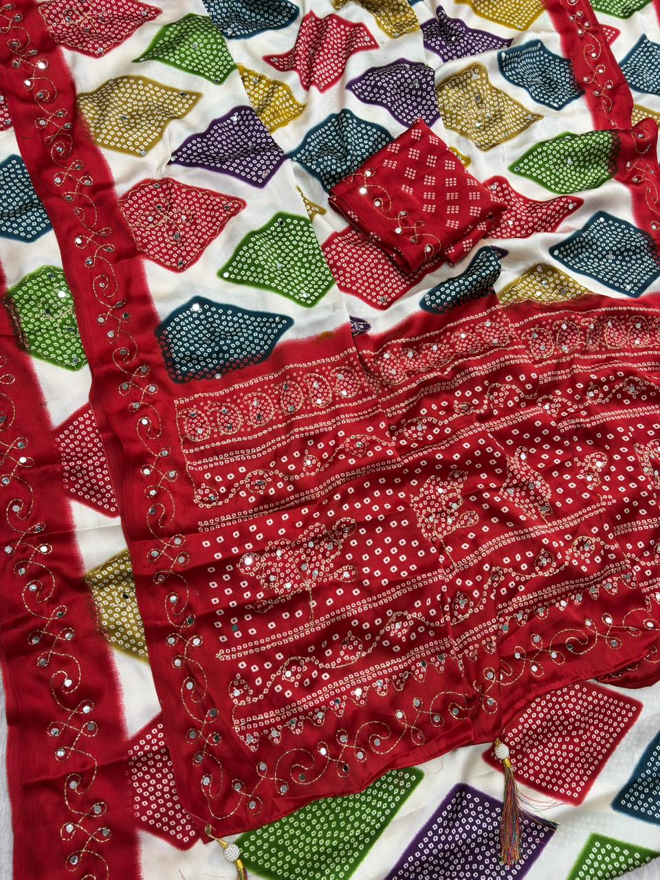 Bandhani Print Satin Silk Saree with Mirror Work