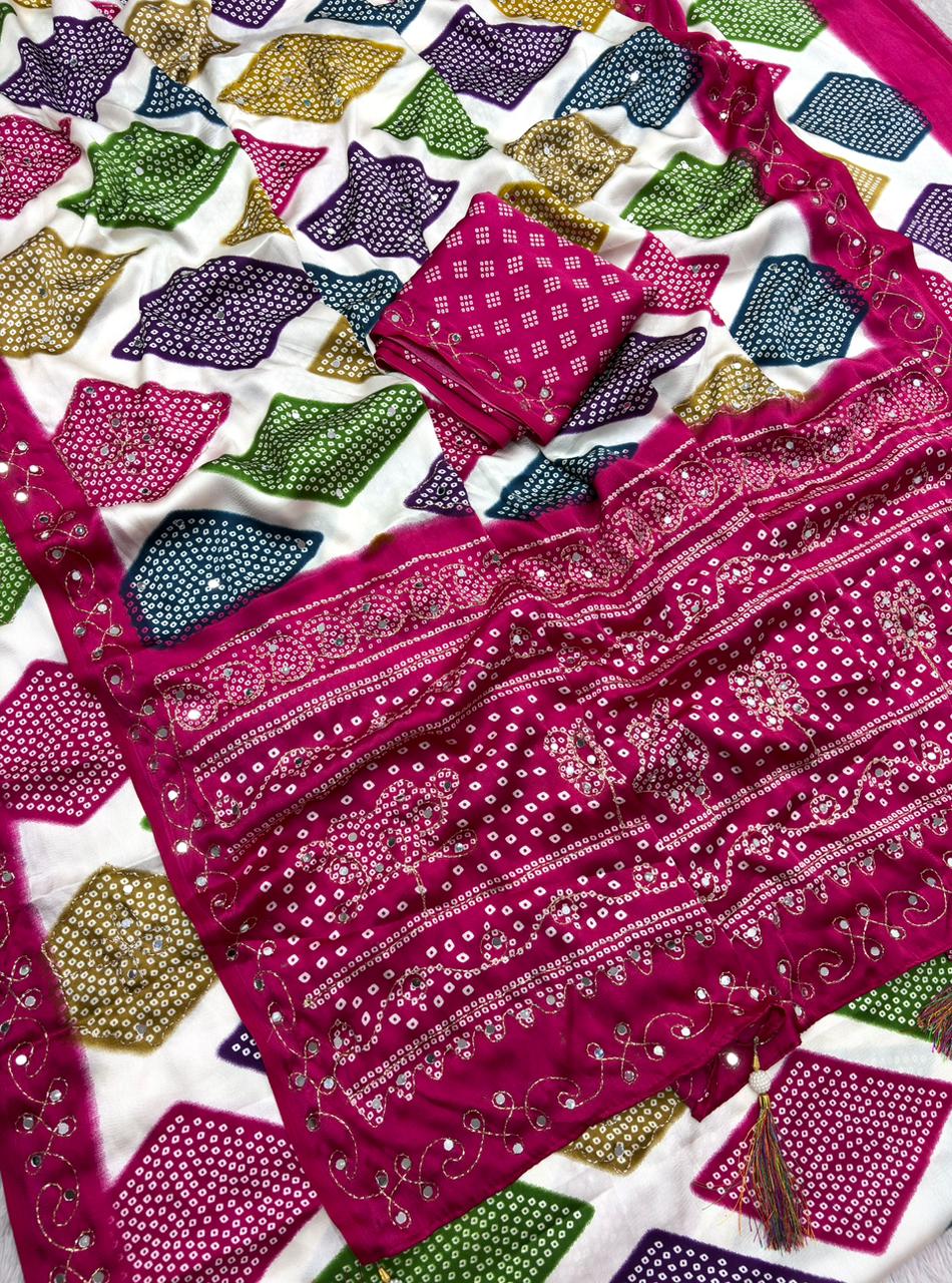 Bandhani Print Satin Silk Saree with Mirror Work