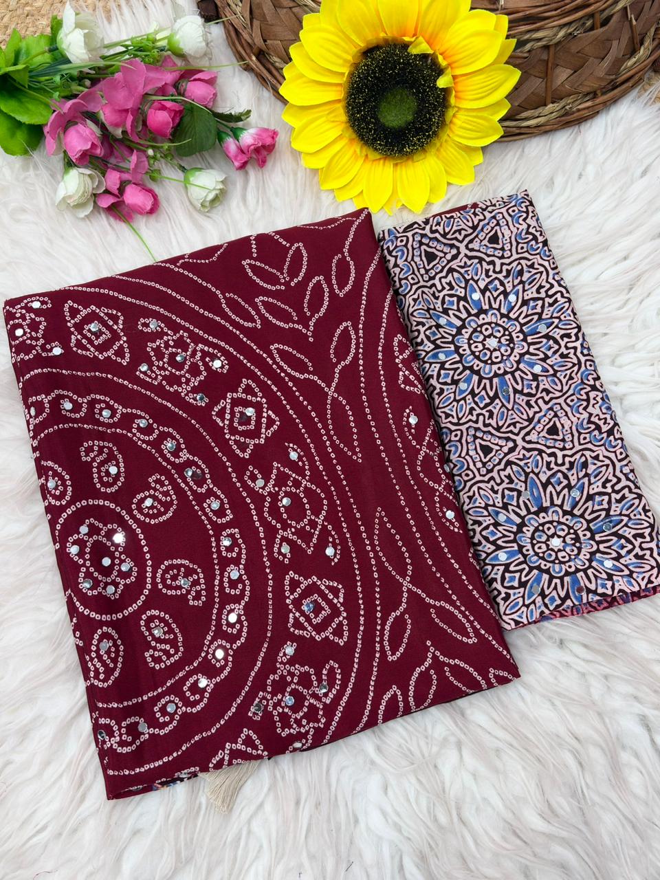 Soft Satin Ajrakh Printed Mirror Work Saree with Lace Border