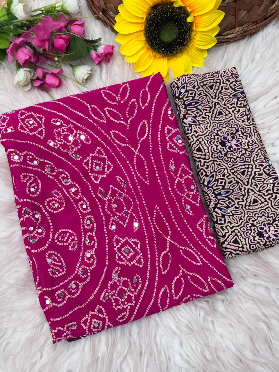 Soft Satin Ajrakh Printed Mirror Work Saree with Lace Border