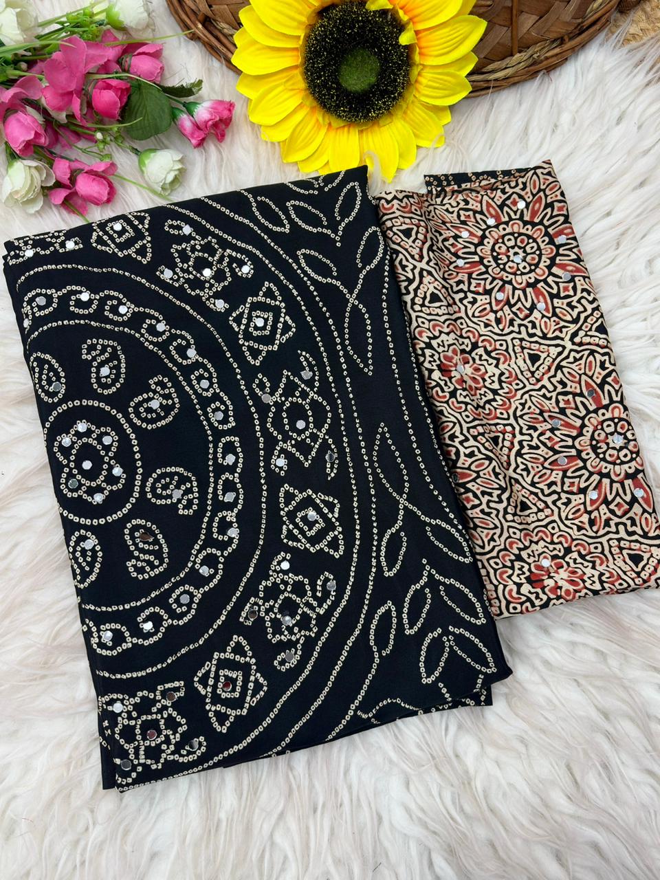 Soft Satin Ajrakh Printed Mirror Work Saree with Lace Border