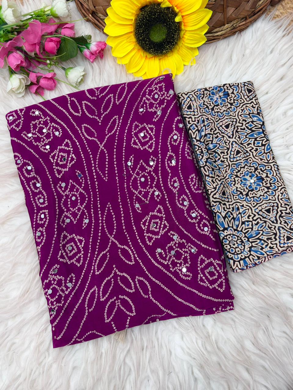 Soft Satin Ajrakh Printed Mirror Work Saree with Lace Border