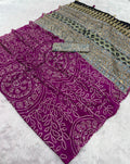 Soft Satin Ajrakh Printed Mirror Work Saree with Lace Border - Pionex Fab