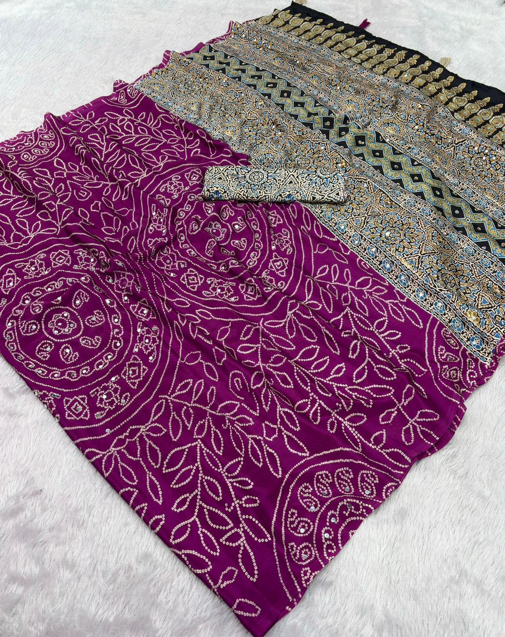 Soft Satin Ajrakh Printed Mirror Work Saree with Lace Border