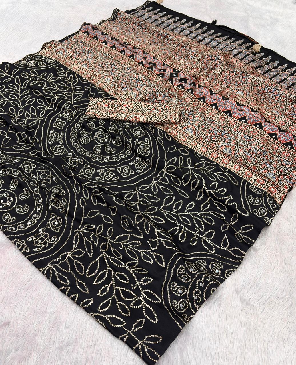 Soft Satin Ajrakh Printed Mirror Work Saree with Lace Border