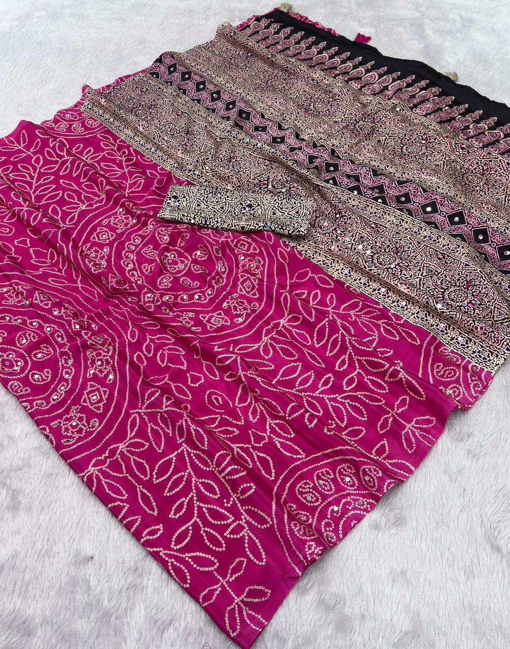 Soft Satin Ajrakh Printed Mirror Work Saree with Lace Border