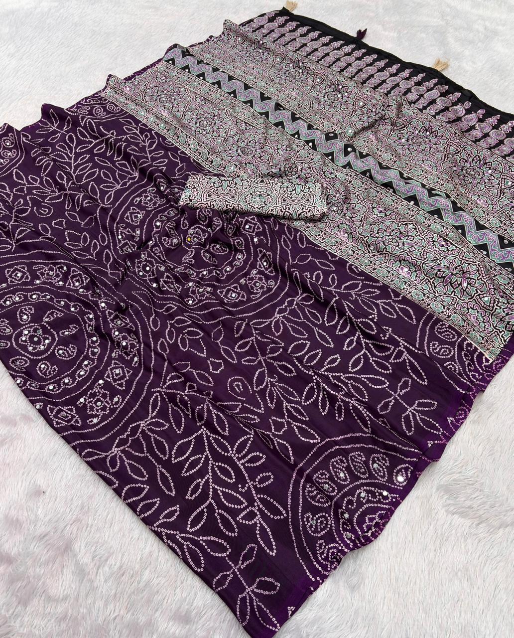 Soft Satin Ajrakh Printed Mirror Work Saree with Lace Border