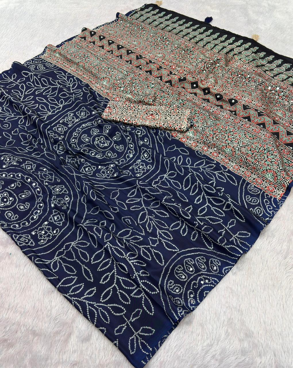 Soft Satin Ajrakh Printed Mirror Work Saree with Lace Border