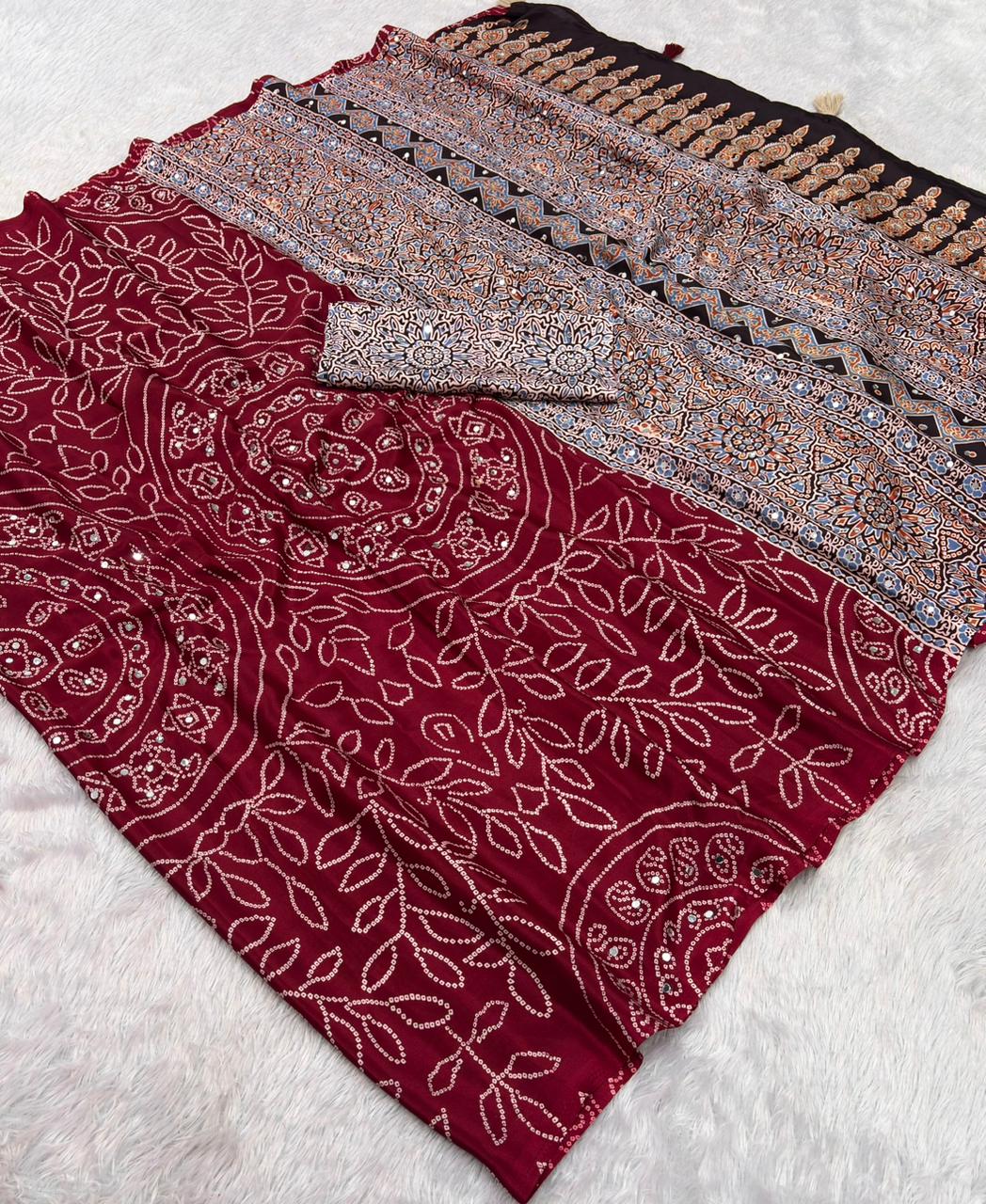 Soft Satin Ajrakh Printed Mirror Work Saree with Lace Border