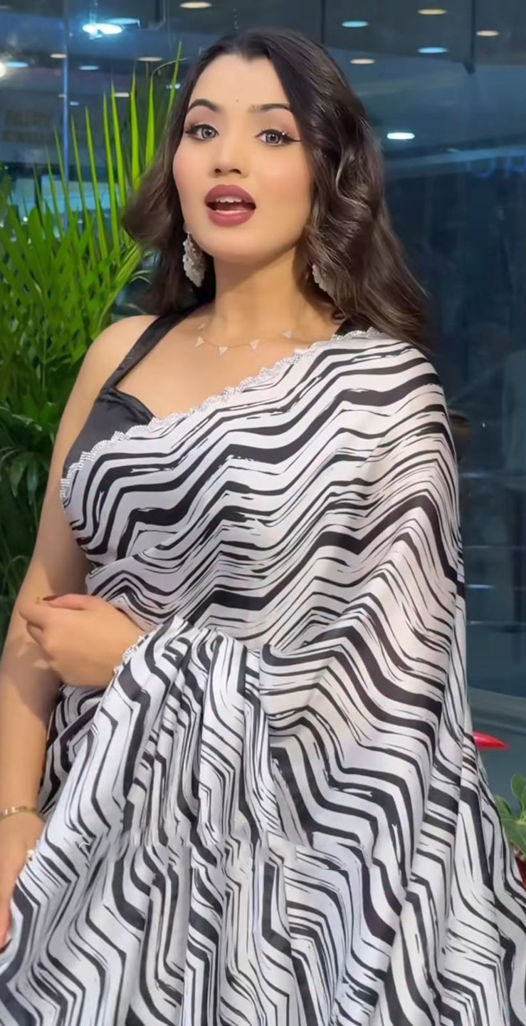 Chinon Silk Printed Saree with  Siroski Stone Border