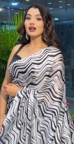 Chinon Silk Printed Saree with  Siroski Stone Border