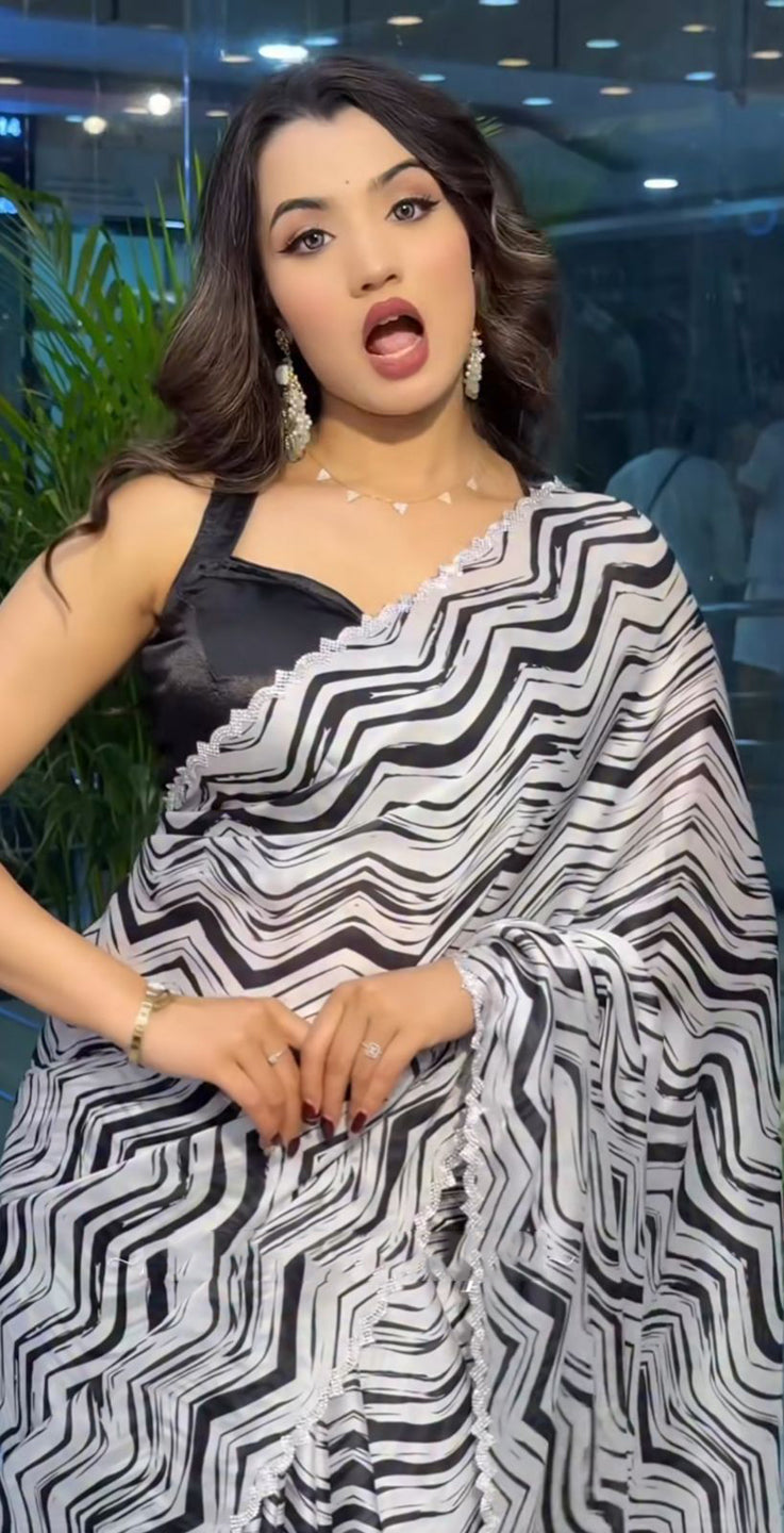 Chinon Silk Printed Saree with  Siroski Stone Border