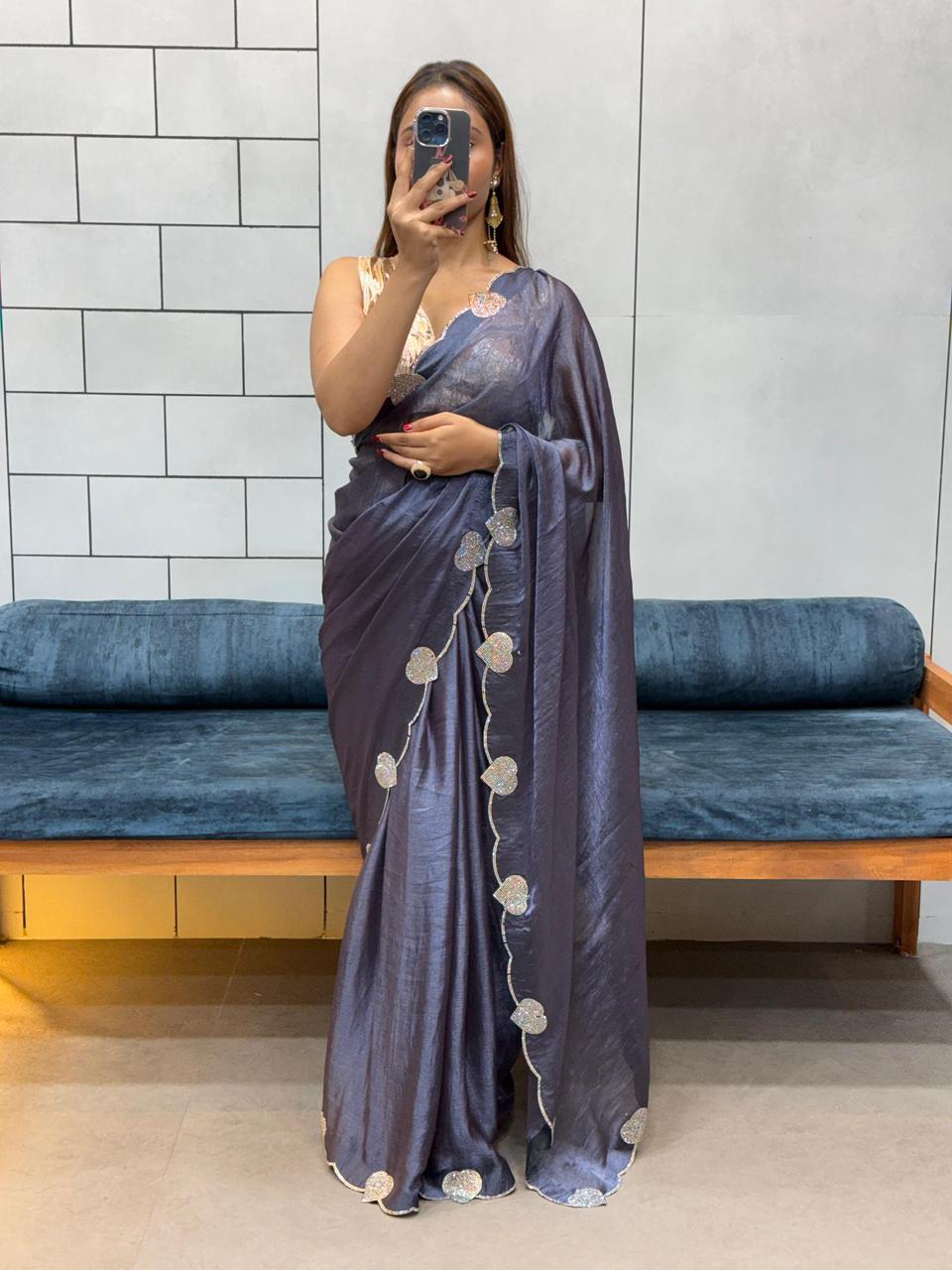 Elegant Dusty Hue Space Silk Saree with Intricate Diamond & Heart Cut Work