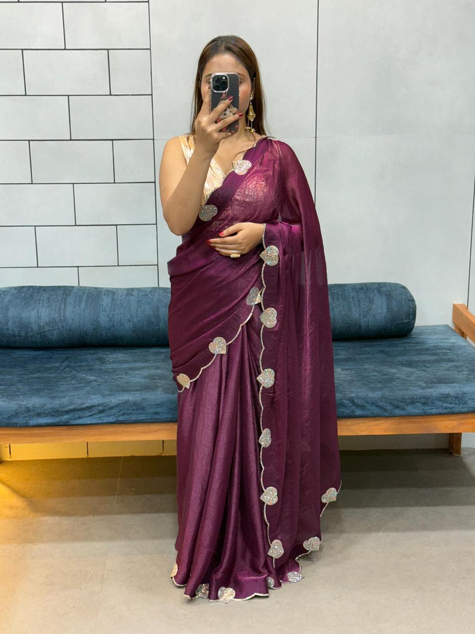 Elegant Dusty Hue Space Silk Saree with Intricate Diamond & Heart Cut Work