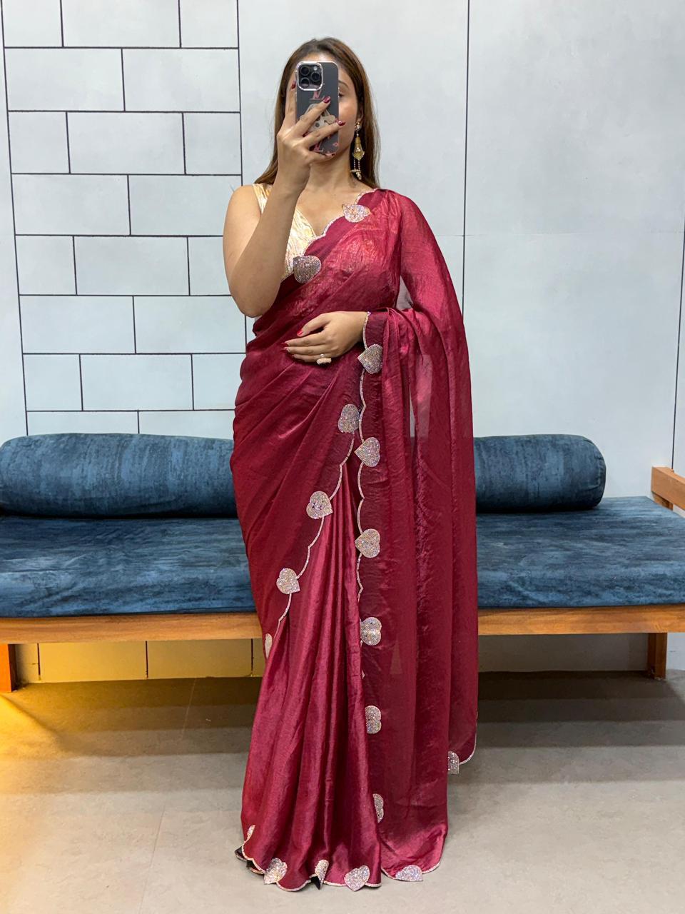 Elegant Dusty Hue Space Silk Saree with Intricate Diamond & Heart Cut Work