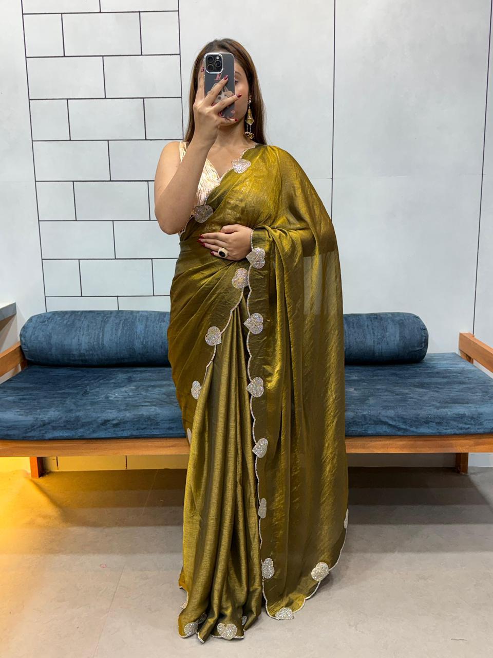 Elegant Dusty Hue Space Silk Saree with Intricate Diamond & Heart Cut Work