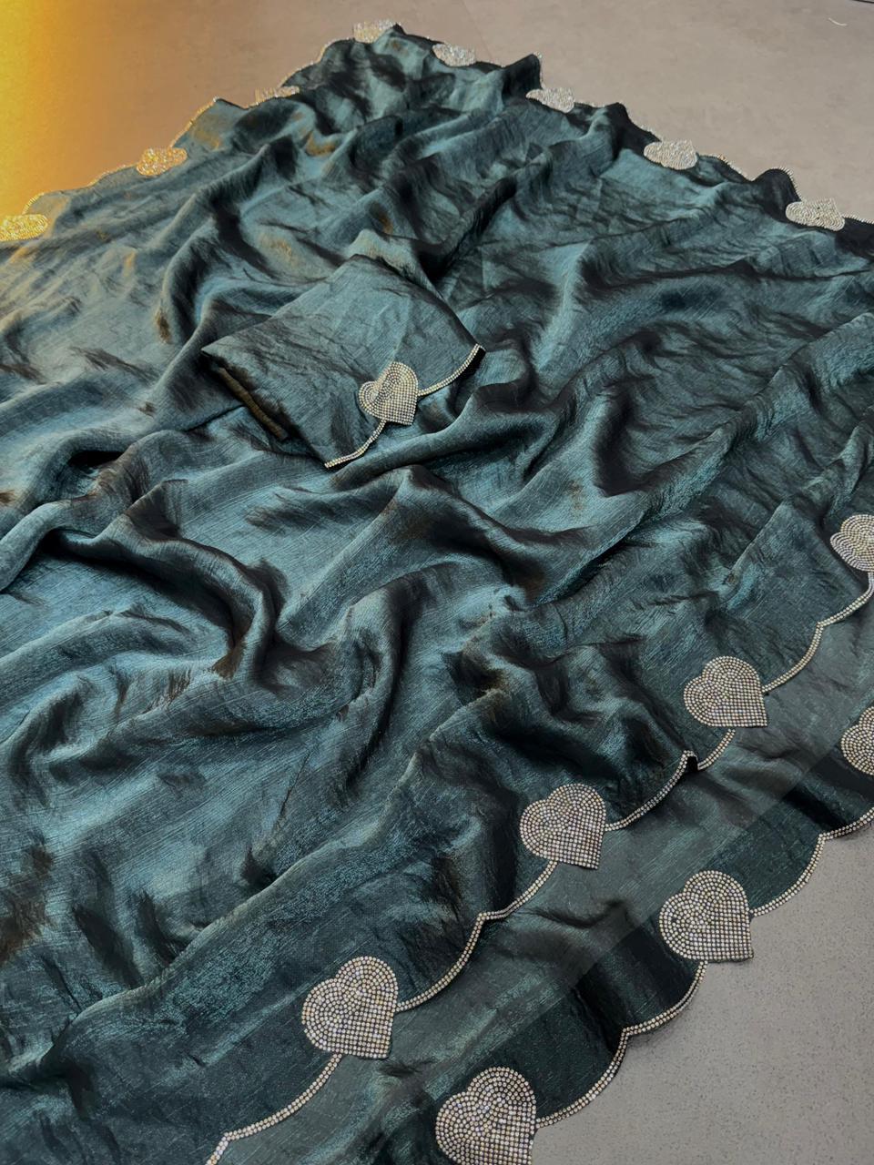 Elegant Dusty Hue Space Silk Saree with Intricate Diamond & Heart Cut Work