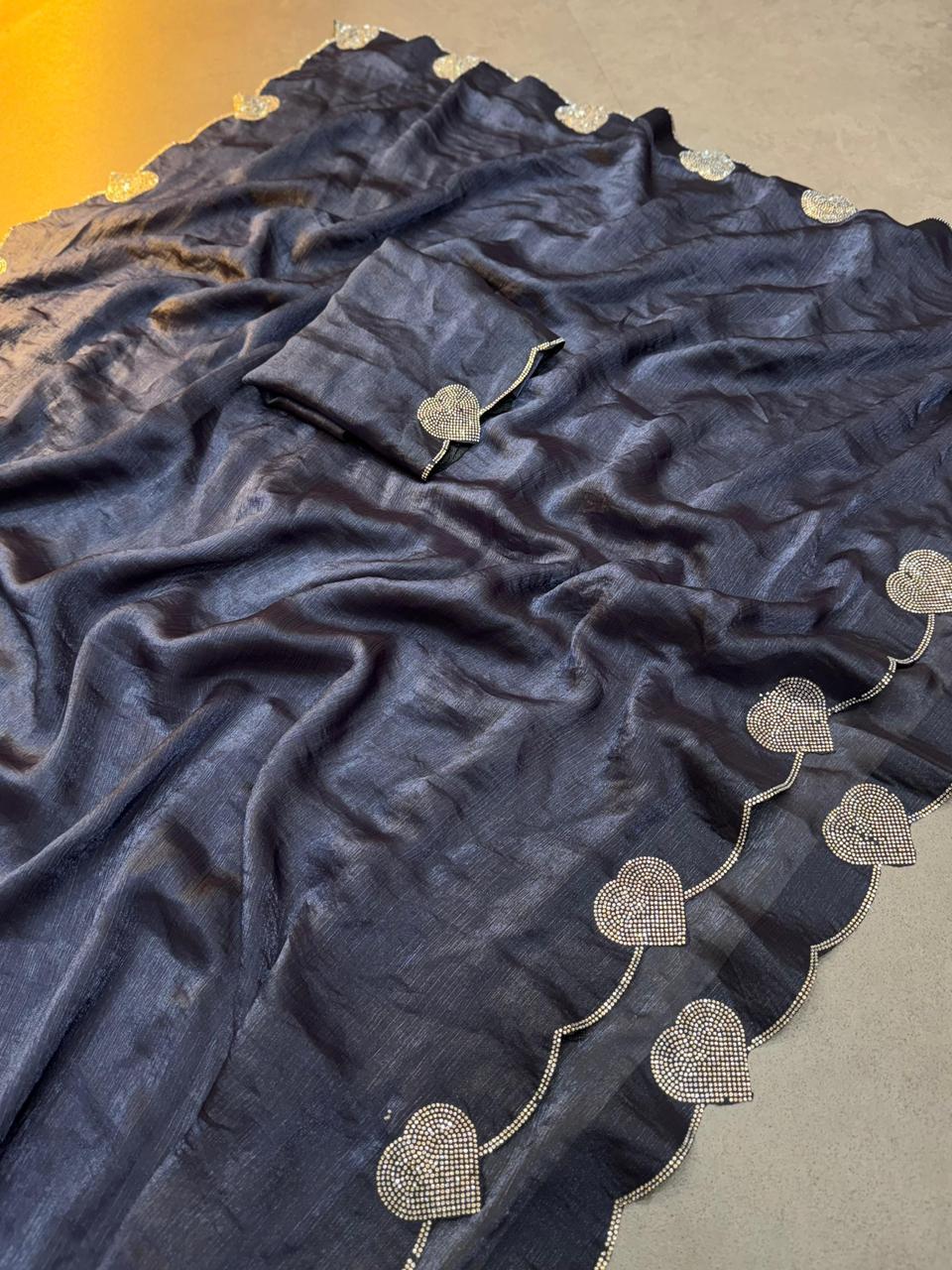 Elegant Dusty Hue Space Silk Saree with Intricate Diamond & Heart Cut Work